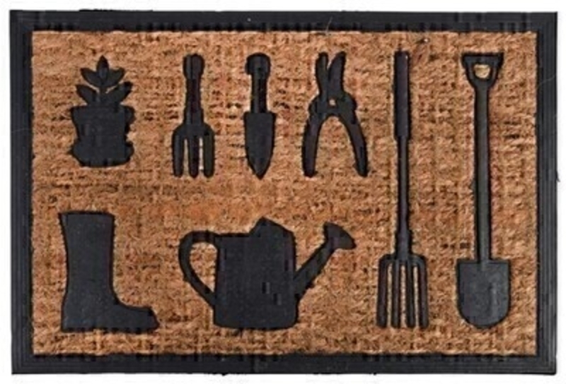 Coir and Rubber Doormat with Garden Tools design.  Very useful to have outside your door to clean your shoes/boots.  A perfect gift for an avid gardener. Dimensions 60 x 9 cm